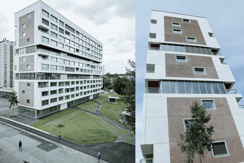 Eckelemente mit verschiedensten Geometrien. Stirnseitig Einlagen mit Ziegel sulserdesign_Fassdenelemente_schalungsglatt_wohnhochhaus_hirzenbach_zuerich_2.jpg